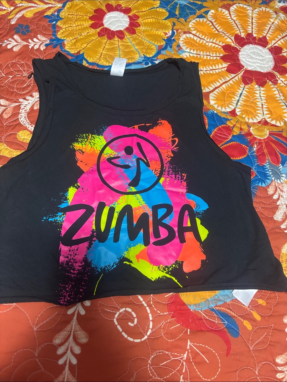 Zumba Fitness Black Crop Tank with Neon Multicolor Graphic